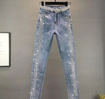 Sieviešu izstiepts ar augstu vidukli Klasisks retro džinsa sieviešu apģērbs, izšūts uzliesmojums, džinsa audums, šaurs ielāps Dizains Bikses zīmuļa bikses L13