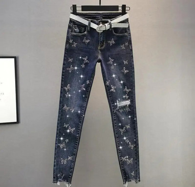 Sieviešu izstiepts ar augstu vidukli Klasisks retro džinsa sieviešu apģērbs, izšūts uzliesmojums, džinsa audums, šaurs ielāps Dizains Bikses zīmuļa bikses L13