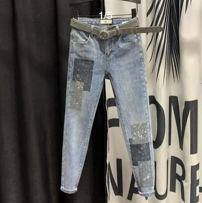 Sieviešu izstiepts ar augstu vidukli Klasisks retro džinsa sieviešu apģērbs, izšūts uzliesmojums, džinsa audums, šaurs ielāps Dizains Bikses zīmuļa bikses L13