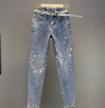 Sieviešu izstiepts ar augstu vidukli Klasisks retro džinsa sieviešu apģērbs, izšūts uzliesmojums, džinsa audums, šaurs ielāps Dizains Bikses zīmuļa bikses L13