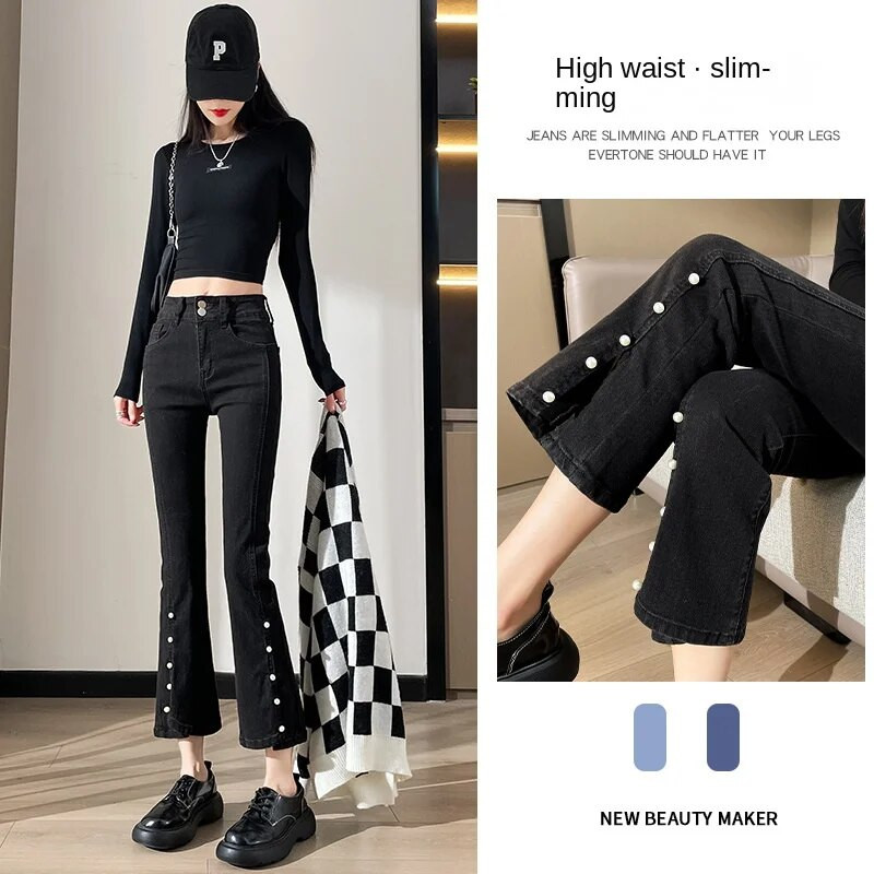 Tavaszi új Női Magas derekú farmer Gyöngy díszítés hasított nadrágok Nyári divat Crop nadrágok Fekete farmer koreai ruházat