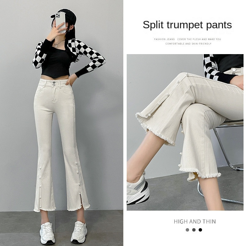 Tavaszi új Női Magas derekú farmer Gyöngy díszítés hasított nadrágok Nyári divat Crop nadrágok Fekete farmer koreai ruházat