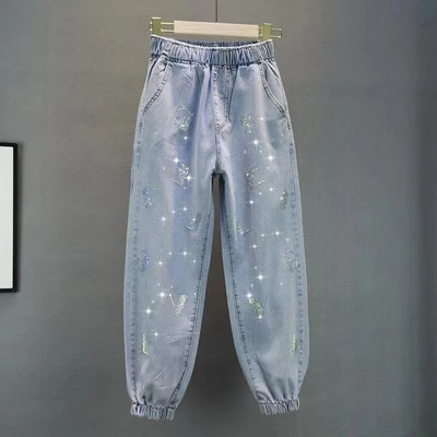 Elastīgas pērles ar augstu vidukli Harēms Džins Lielizmēra 5xl Zilas džinsu bikses Capris Baggy Pantalones Casual Vaqueros 2023 Streetwear Y2k