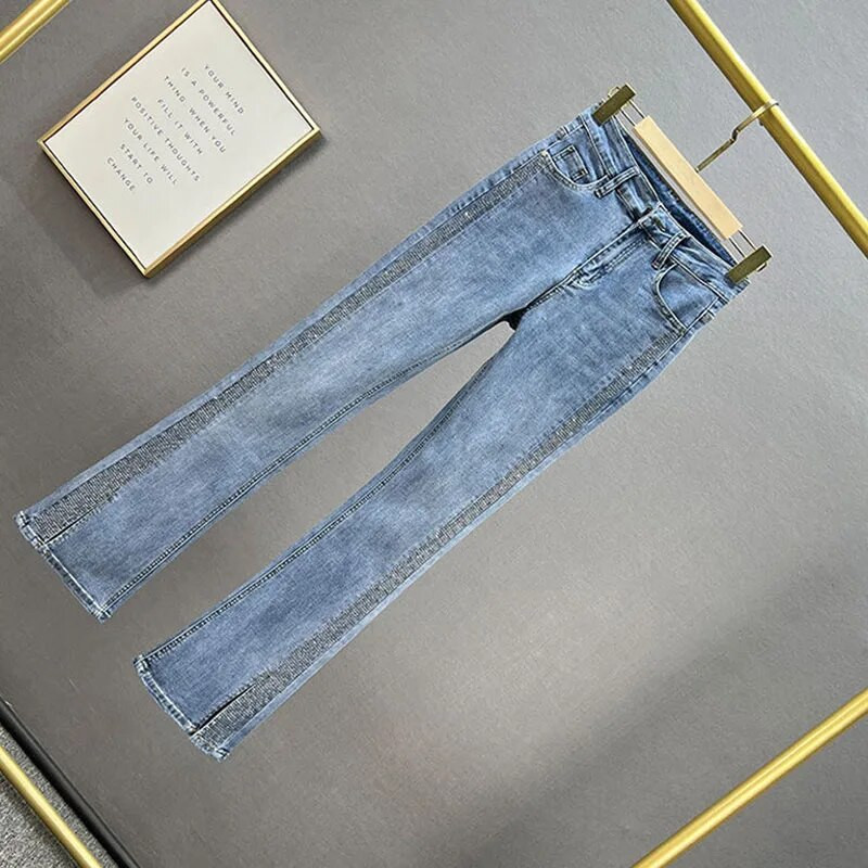Sieviešu džinsi ar augstu vidukli Modes elastīgas džinsu bikses 2023. gada rudens, jaunas kokvilnas elastīgās, plānās, karstā Rhinestone džinsa bikses