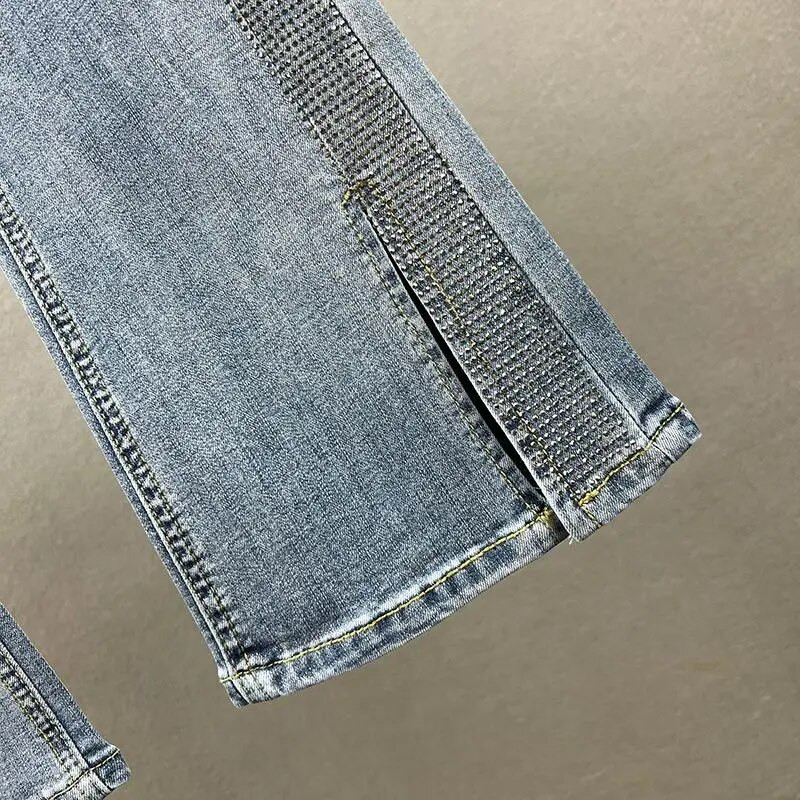 Sieviešu džinsi ar augstu vidukli Modes elastīgas džinsu bikses 2023. gada rudens, jaunas kokvilnas elastīgās, plānās, karstā Rhinestone džinsa bikses