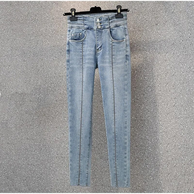 Gatvės apranga, užtrauktuku suplėšyti siauri džinsai moterims aukštu juosmeniu, aukštai tamprus, nelaimingas pieštukas Capris Mėlynos džinsinės kelnės