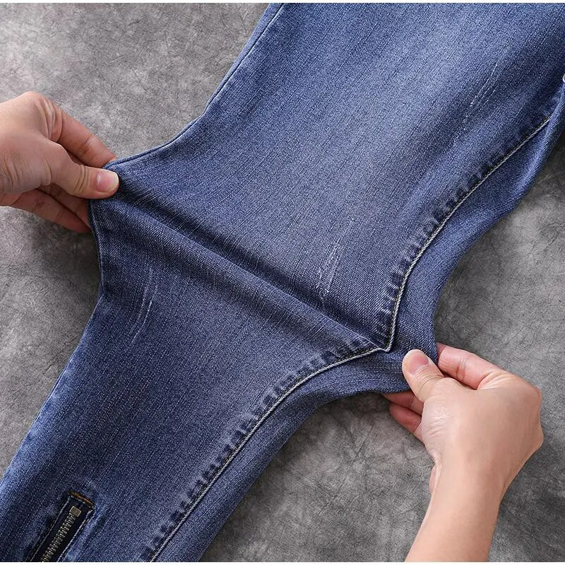 Gatvės apranga, užtrauktuku suplėšyti siauri džinsai moterims aukštu juosmeniu, aukštai tamprus, nelaimingas pieštukas Capris Mėlynos džinsinės kelnės