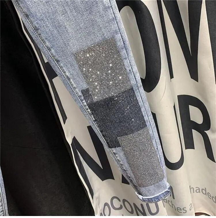 Pavasara rudens ielu apģērbi sievietēm vintage zili tievi briljanti džinsi ar augstu jostasvietu Džinsu bikses līdz potītēm Bikses džinsi sievietēm A454