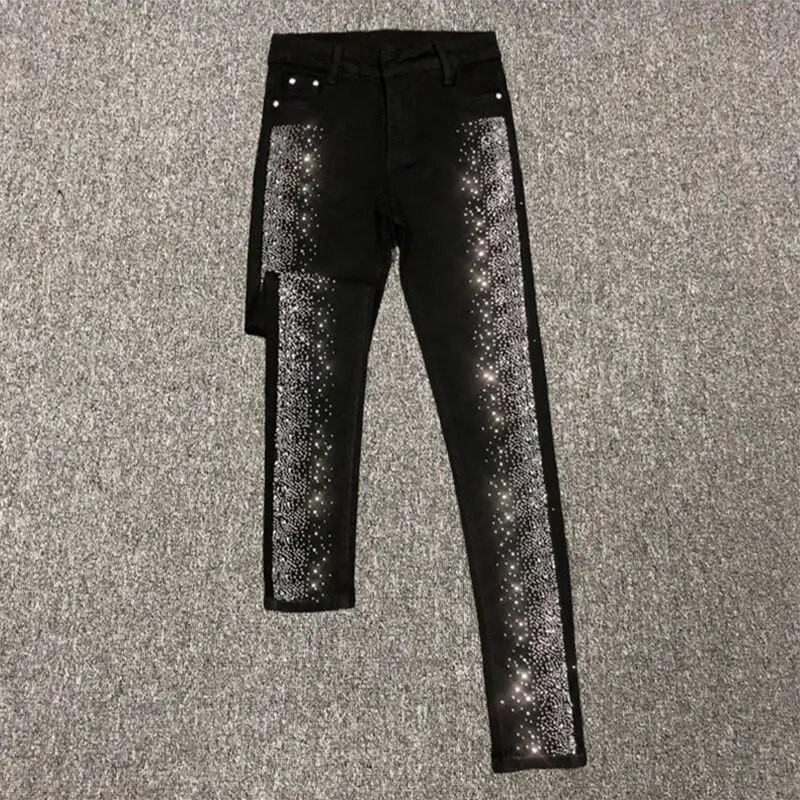 Pavasara rudens Sieviešu vintage melni dimanti džinsi ar augstu jostasvietu Sieviešu zilas džinsa bikses ielas apģērba bikses