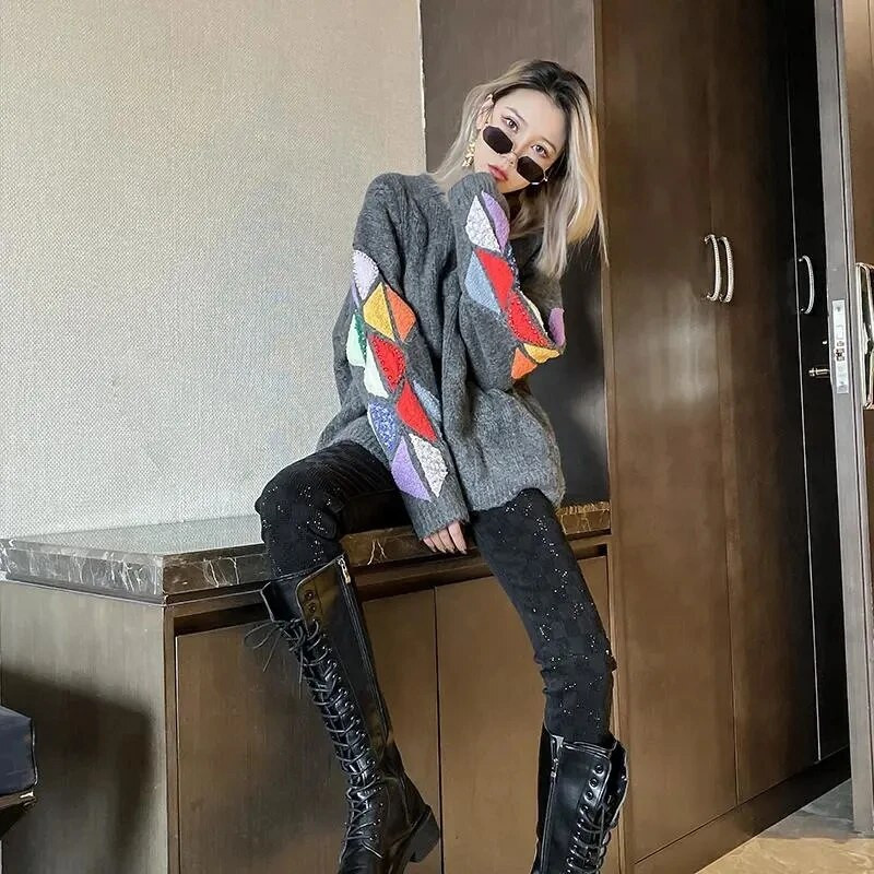 Juodi džinsai, moteriški 2023 m. pavasaris, Nauji sunkiosios pramonės kalnų krištolinio akmens džinsai aukštu juosmeniu buvo ploni pieštuko formos kelnės, moteriškos džinsinės kelnės, ruduo