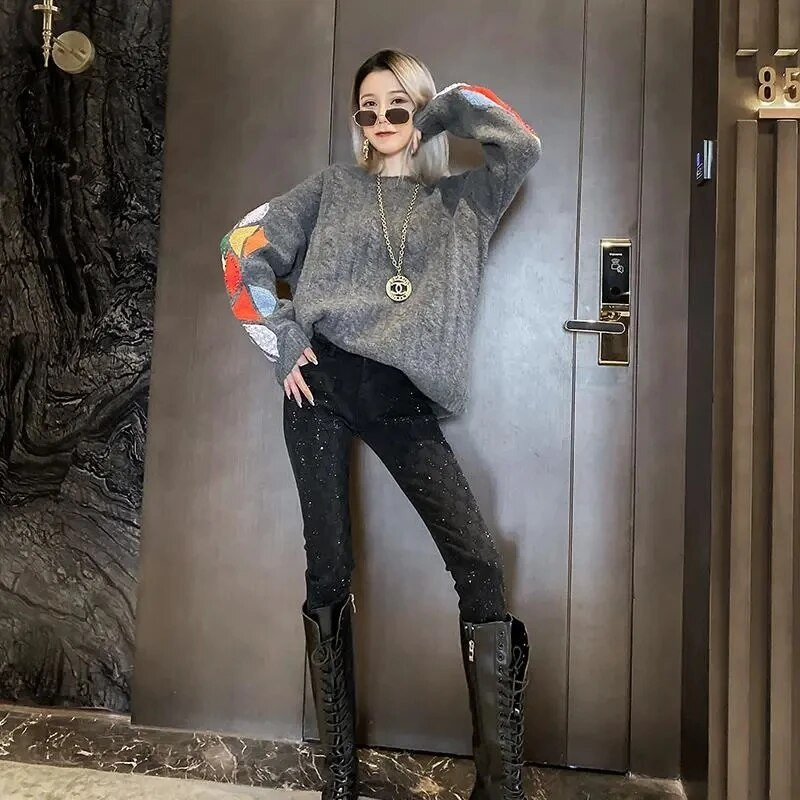 Juodi džinsai, moteriški 2023 m. pavasaris, Nauji sunkiosios pramonės kalnų krištolinio akmens džinsai aukštu juosmeniu buvo ploni pieštuko formos kelnės, moteriškos džinsinės kelnės, ruduo