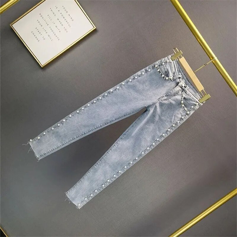 Vasaras pavasaris Sievietēm Vintage Beading Džinsi Sieviešu zīmuļu bikses ar augstu vidukli, slaidi dimanti Sieviešu apģērbi Džinsu Bikses Ielu apģērbi