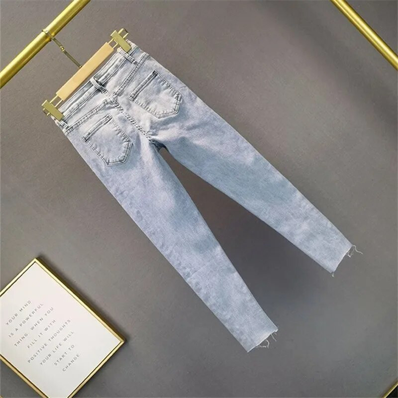 Vasaras pavasaris Sievietēm Vintage Beading Džinsi Sieviešu zīmuļu bikses ar augstu vidukli, slaidi dimanti Sieviešu apģērbi Džinsu Bikses Ielu apģērbi