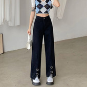 Melni Baggy Džinsi Sieviešu priekšpuse Šķēlums ar augstu vidukli, platas bikses Sieviešu džinsa bikses Ielu apģērbi Harajuku Mode