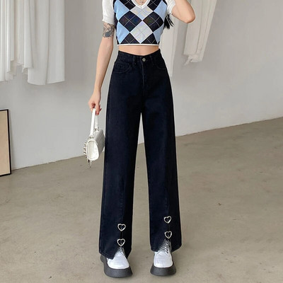 Melni Baggy Džinsi Sieviešu priekšpuse Šķēlums ar augstu vidukli, platas bikses Sieviešu džinsa bikses Ielu apģērbi Harajuku Mode