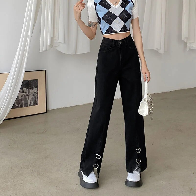 Melni Baggy Džinsi Sieviešu priekšpuse Šķēlums ar augstu vidukli, platas bikses Sieviešu džinsa bikses Ielu apģērbi Harajuku Mode