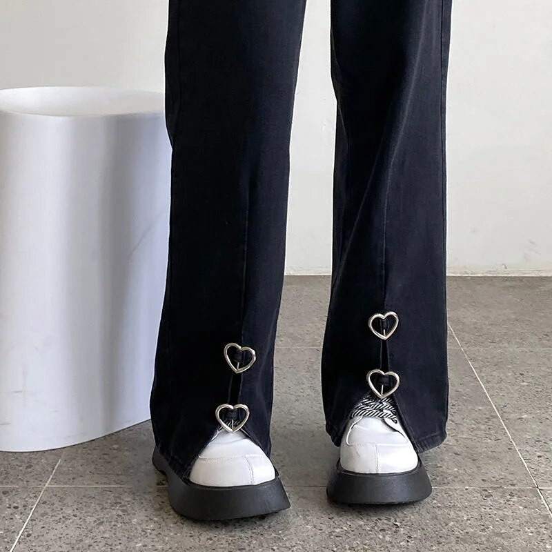 Melni Baggy Džinsi Sieviešu priekšpuse Šķēlums ar augstu vidukli, platas bikses Sieviešu džinsa bikses Ielu apģērbi Harajuku Mode