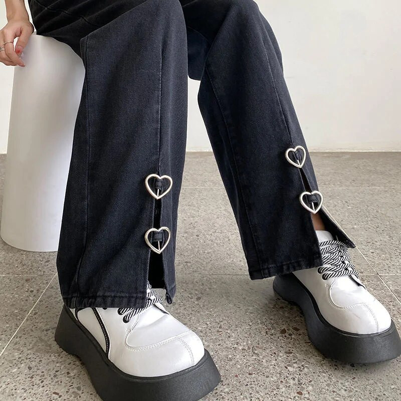 Melni Baggy Džinsi Sieviešu priekšpuse Šķēlums ar augstu vidukli, platas bikses Sieviešu džinsa bikses Ielu apģērbi Harajuku Mode