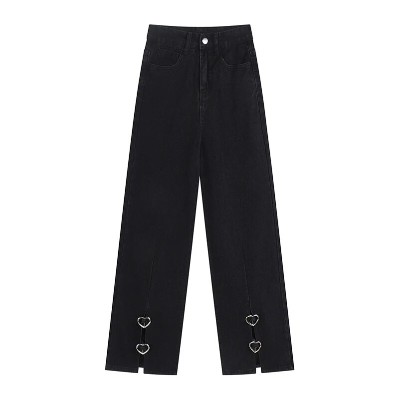 Melni Baggy Džinsi Sieviešu priekšpuse Šķēlums ar augstu vidukli, platas bikses Sieviešu džinsa bikses Ielu apģērbi Harajuku Mode