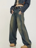 Senoviniai skalbti seni, aukštosios gatvės pusėje dryžuoti džinsai, moteriški, laisvi, plačios kelnės, plonos kelnės, moteriški džinsai