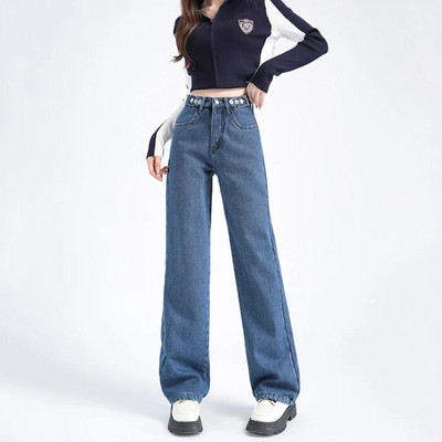 Laisvi džinsiniai džinsai aukštu juosmeniu Tiesūs kelių mygtukų reguliavimo kelnės žiemai rudeniui šiltos korėjietiško dizaino kelnės