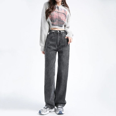 Laisvi džinsiniai džinsai aukštu juosmeniu Tiesūs kelių mygtukų reguliavimo kelnės žiemai rudeniui šiltos korėjietiško dizaino kelnės