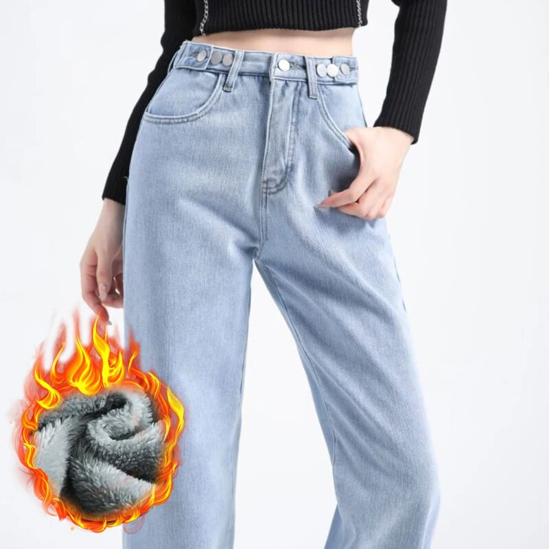 Laisvi džinsiniai džinsai aukštu juosmeniu Tiesūs kelių mygtukų reguliavimo kelnės žiemai rudeniui šiltos korėjietiško dizaino kelnės