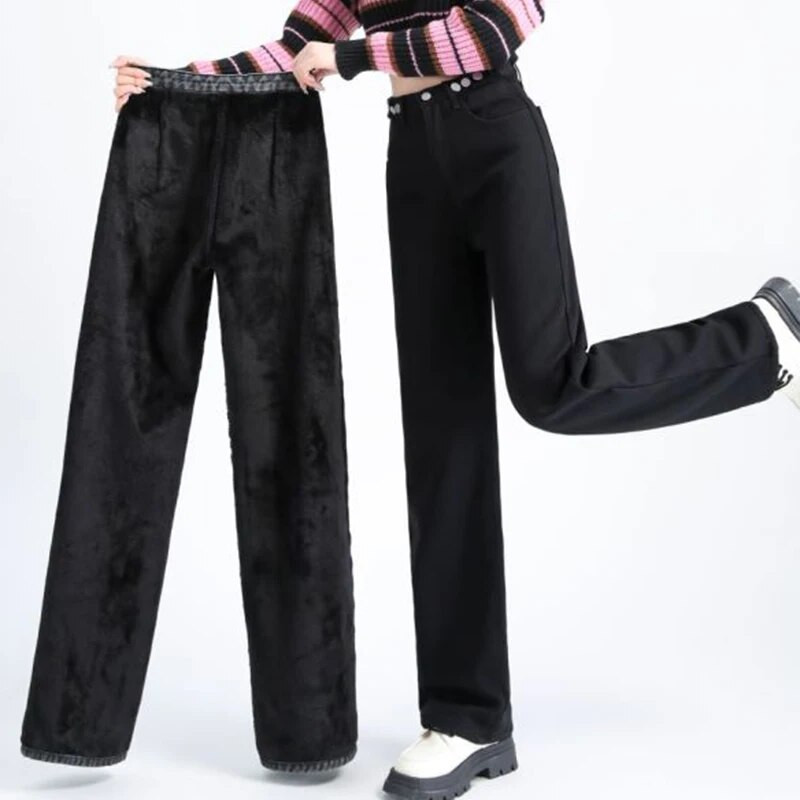 Laisvi džinsiniai džinsai aukštu juosmeniu Tiesūs kelių mygtukų reguliavimo kelnės žiemai rudeniui šiltos korėjietiško dizaino kelnės