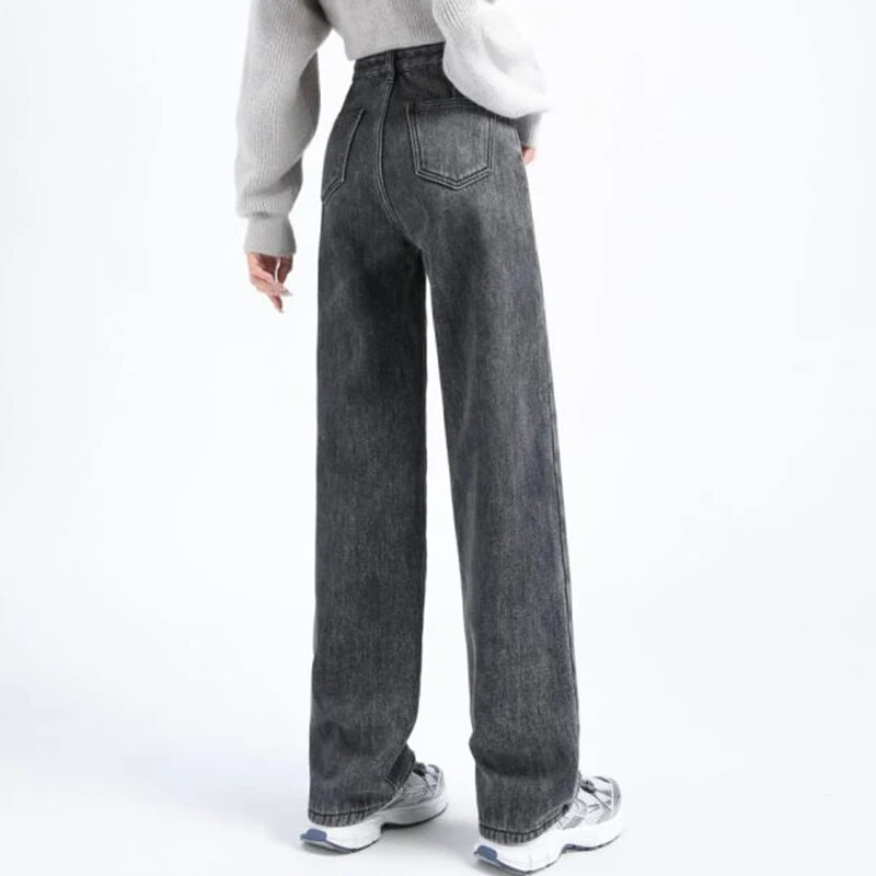 Laisvi džinsiniai džinsai aukštu juosmeniu Tiesūs kelių mygtukų reguliavimo kelnės žiemai rudeniui šiltos korėjietiško dizaino kelnės
