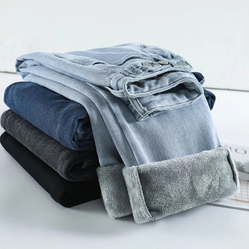 Laisvi džinsiniai džinsai aukštu juosmeniu Tiesūs kelių mygtukų reguliavimo kelnės žiemai rudeniui šiltos korėjietiško dizaino kelnės