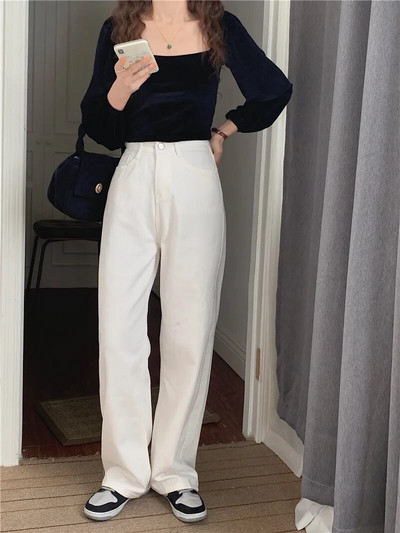 Rozā džinsi Korejas džinsi ar augstu vidukli, džinsa bikses ar platām kājām Sieviešu taisni džinsi