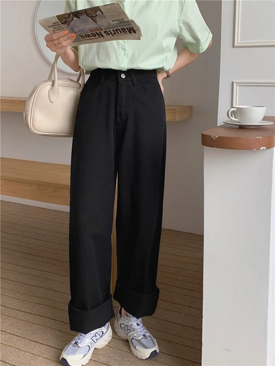 Rozā džinsi Korejas džinsi ar augstu vidukli, džinsa bikses ar platām kājām Sieviešu taisni džinsi