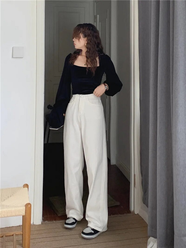 Rozā džinsi Korejas džinsi ar augstu vidukli, džinsa bikses ar platām kājām Sieviešu taisni džinsi