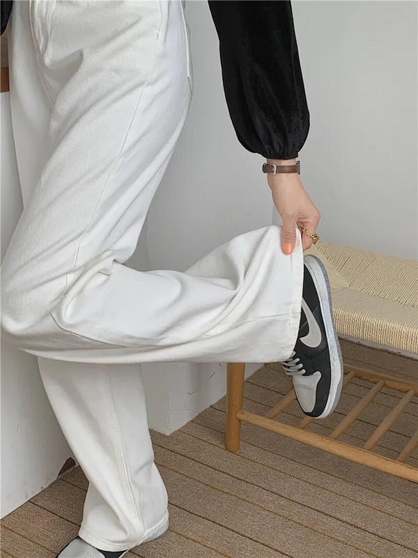 Rozā džinsi Korejas džinsi ar augstu vidukli, džinsa bikses ar platām kājām Sieviešu taisni džinsi