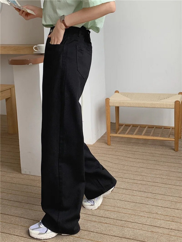 Rozā džinsi Korejas džinsi ar augstu vidukli, džinsa bikses ar platām kājām Sieviešu taisni džinsi