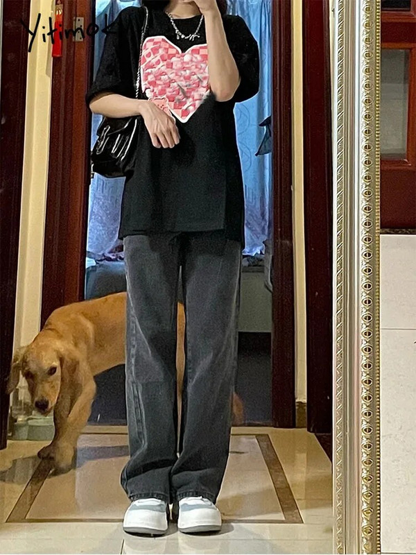 Cotvotee sieviešu džinsi ar augstu vidukli, 2022. gada modes tumši pelēki džinsi, vintage ielas apģērbs, 4 XL platas džinsi Y2 k džinsa bikses