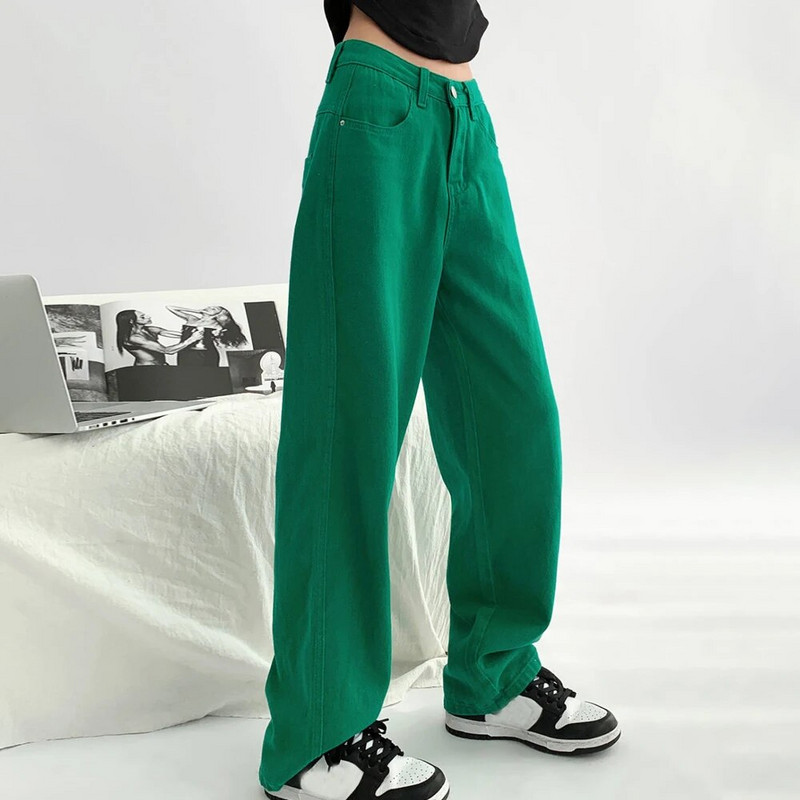 Zelené vrecovité džínsy, dámske džínsy s vysokým pásom a širokými nohavicami, rovné džínsy, streetwear, retro štýl