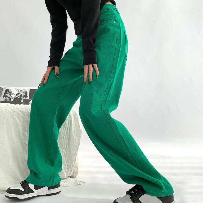 Zelené vrecovité džínsy, dámske džínsy s vysokým pásom a širokými nohavicami, rovné džínsy, streetwear, retro štýl