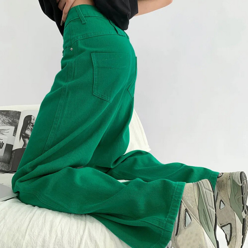 Zelené vrecovité džínsy, dámske džínsy s vysokým pásom a širokými nohavicami, rovné džínsy, streetwear, retro štýl