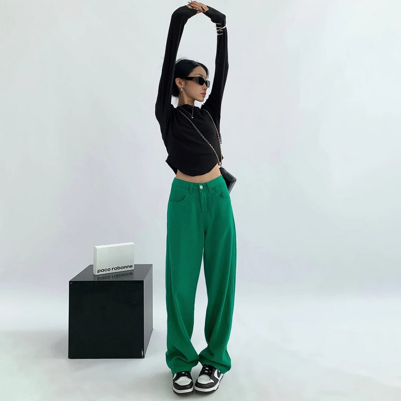 Zelené vrecovité džínsy, dámske džínsy s vysokým pásom a širokými nohavicami, rovné džínsy, streetwear, retro štýl
