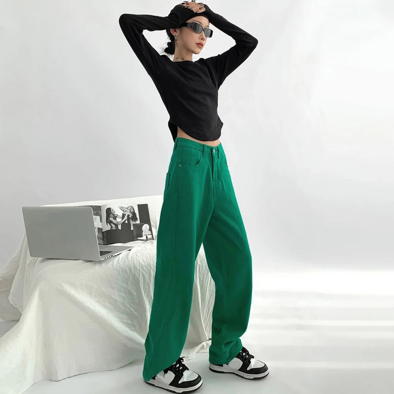Zelené vrecovité džínsy, dámske džínsy s vysokým pásom a širokými nohavicami, rovné džínsy, streetwear, retro štýl