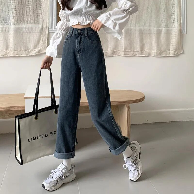 Xpqbb zili pelēki sieviešu džinsi korejiešu stilā ar augstu vidukli, taisni, maigi džinsa bikses. Sieviešu vintage brīvas, platas bikses 2023. g.