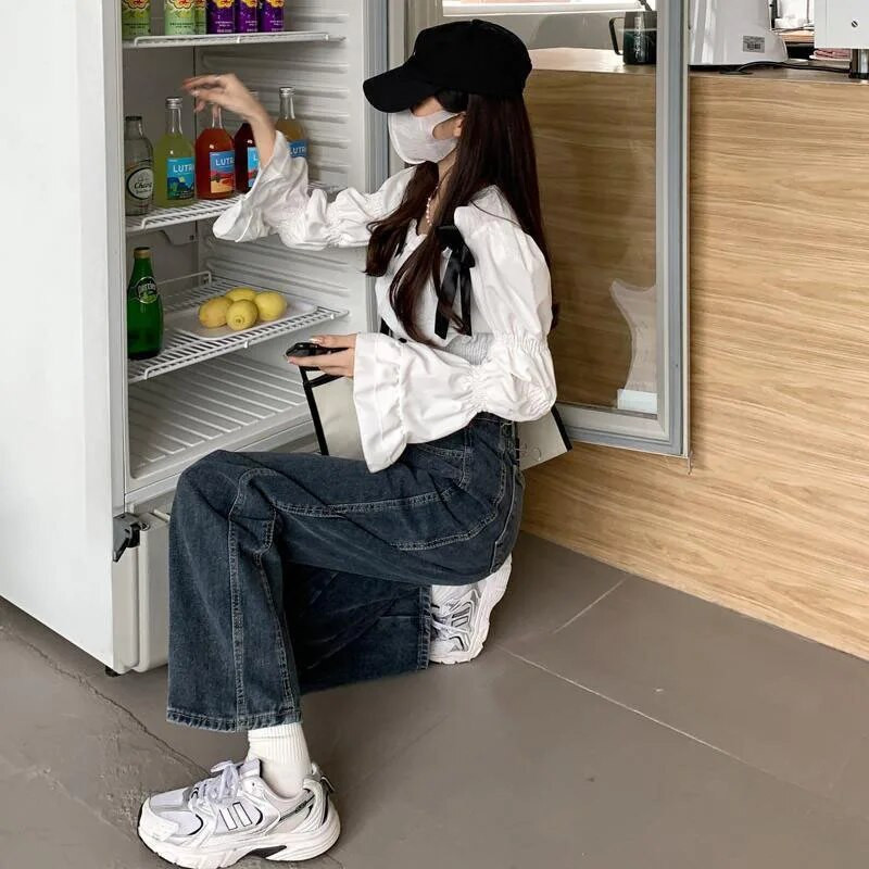 Xpqbb zili pelēki sieviešu džinsi korejiešu stilā ar augstu vidukli, taisni, maigi džinsa bikses. Sieviešu vintage brīvas, platas bikses 2023. g.