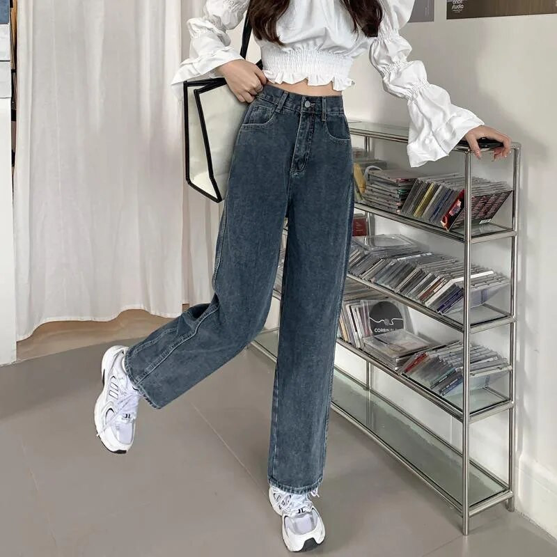 Xpqbb zili pelēki sieviešu džinsi korejiešu stilā ar augstu vidukli, taisni, maigi džinsa bikses. Sieviešu vintage brīvas, platas bikses 2023. g.