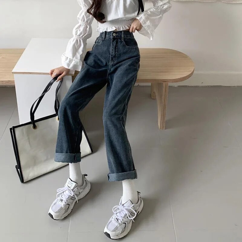 Xpqbb zili pelēki sieviešu džinsi korejiešu stilā ar augstu vidukli, taisni, maigi džinsa bikses. Sieviešu vintage brīvas, platas bikses 2023. g.