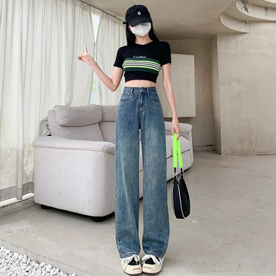 ZOENOVA Džinsai Moteriški džinsai Baggy džinsai Madingi tiesios kelnės Y2k džinsinės kelnės aukštu juosmeniu Vintažinės laisvos mėlynos skalbtos mamos džinsai 90 m.