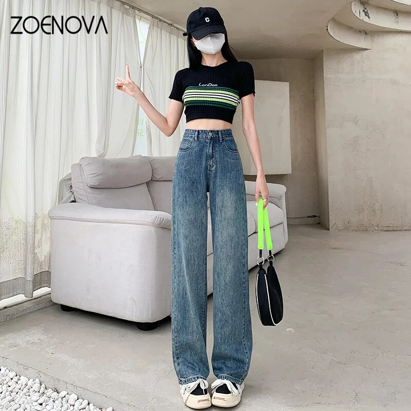 ZOENOVA Džinsai Moteriški džinsai Baggy džinsai Madingi tiesios kelnės Y2k džinsinės kelnės aukštu juosmeniu Vintažinės laisvos mėlynos skalbtos mamos džinsai 90 m.