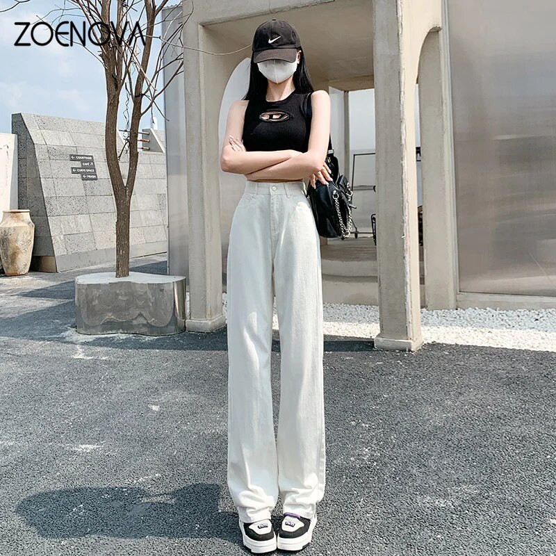 ZOENOVA Džinsai Moteriški džinsai Baggy džinsai Madingi tiesios kelnės Y2k džinsinės kelnės aukštu juosmeniu Vintažinės laisvos mėlynos skalbtos mamos džinsai 90 m.