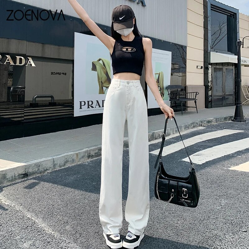 ZOENOVA Džinsai Moteriški džinsai Baggy džinsai Madingi tiesios kelnės Y2k džinsinės kelnės aukštu juosmeniu Vintažinės laisvos mėlynos skalbtos mamos džinsai 90 m.