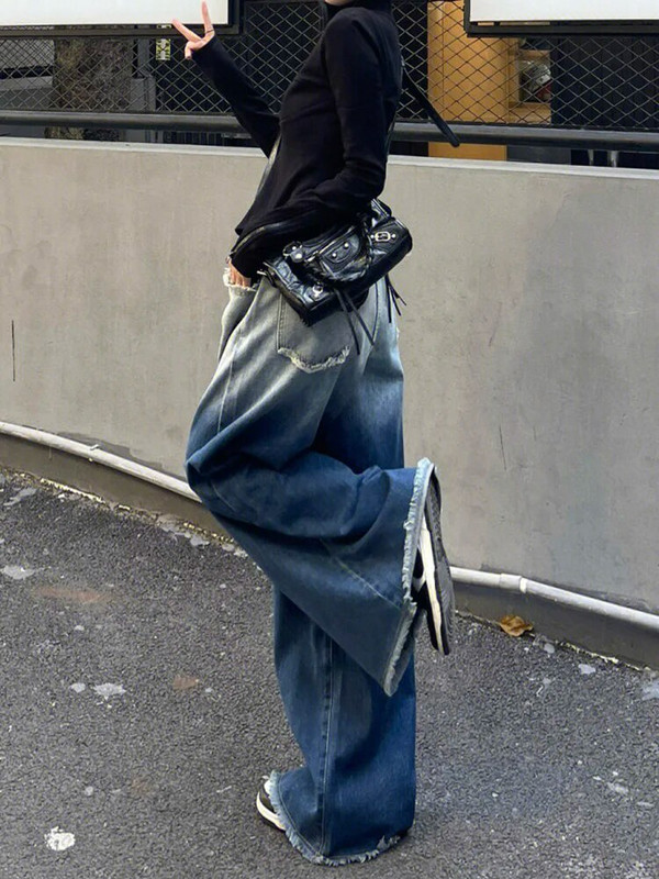 Módne priateľské kontrastné gradientové džínsy s kožušinovou podšívkou, dámske oblečenie, voľné streetwear s vysokým pásom, široké nohavice, džínsové nohavice